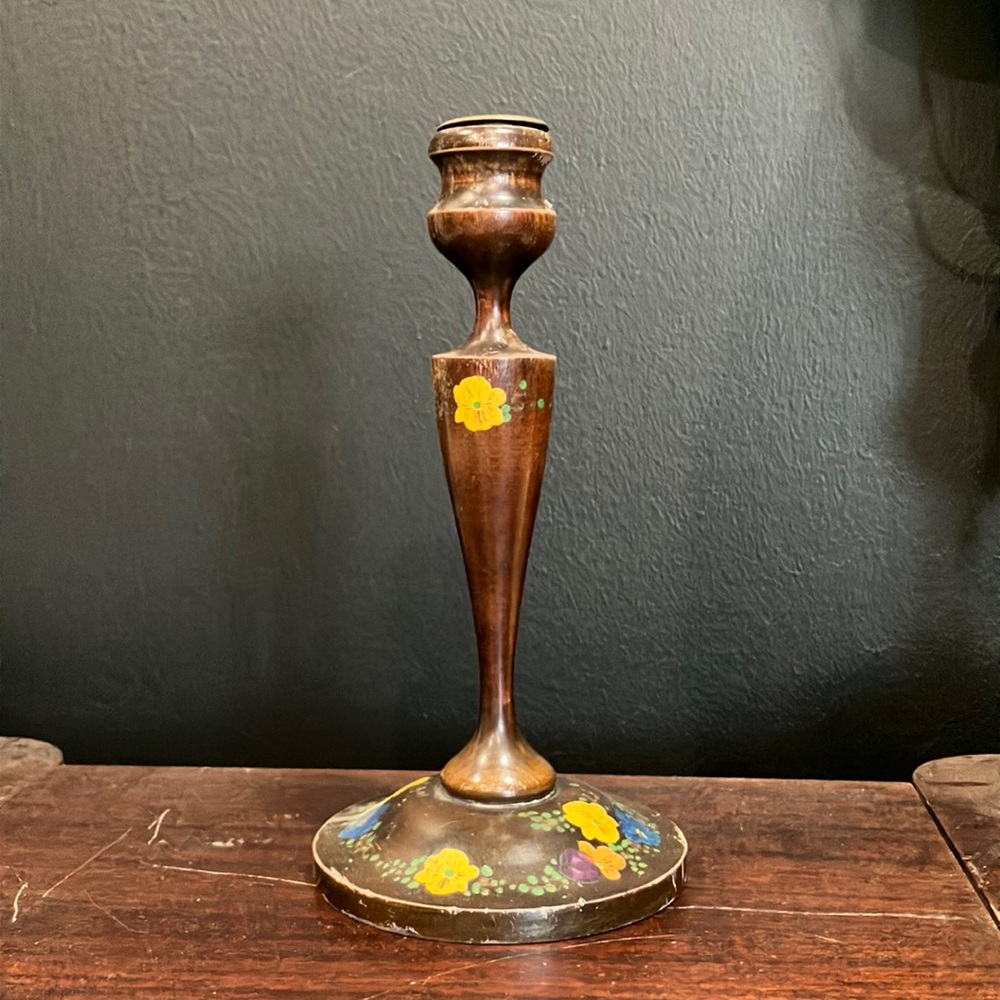 Vintage Wooden Candlestick with Painted Flowers